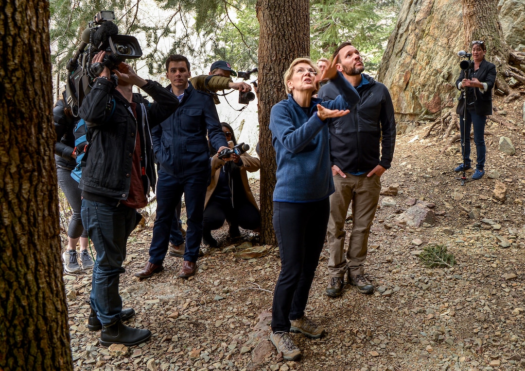 Leah Hogsten  |  The Salt Lake Tribune  Massachusetts Sen. Elizabeth Warren takes a walking tour with Carl Fisher, executive director of UtahÕs Save Our Canyons organizationat Storm Mountain Picnic Area in Big Cottonwood Canyon,  April 17, 2019 before speaking to Utah supporters Wednesday evening. Sen. Warren is a Democratic 2020 presidential candidate.   