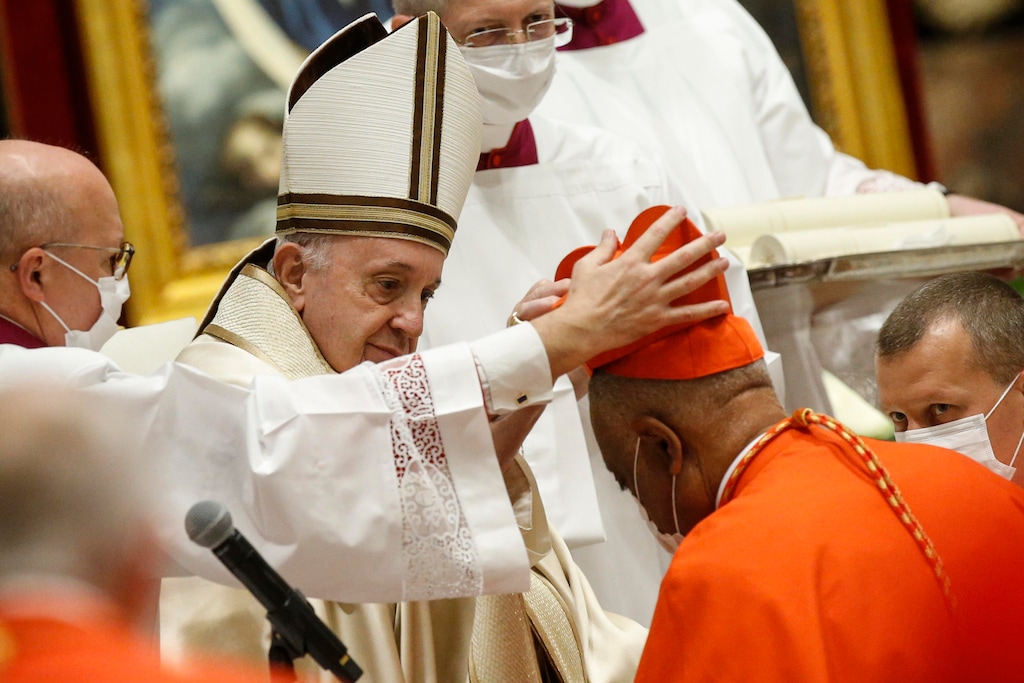 (Fabio Frustaci | Pool via AP) American newly Cardinal Wilton D. Gregory receives his biretta as he is appointed cardinal by Pope Francis, during a consistory ceremony where 13 bishops were elevated to a cardinal's rank in St. Peter’s Basilica at the Vatican, Saturday, Nov. 28, 2020.