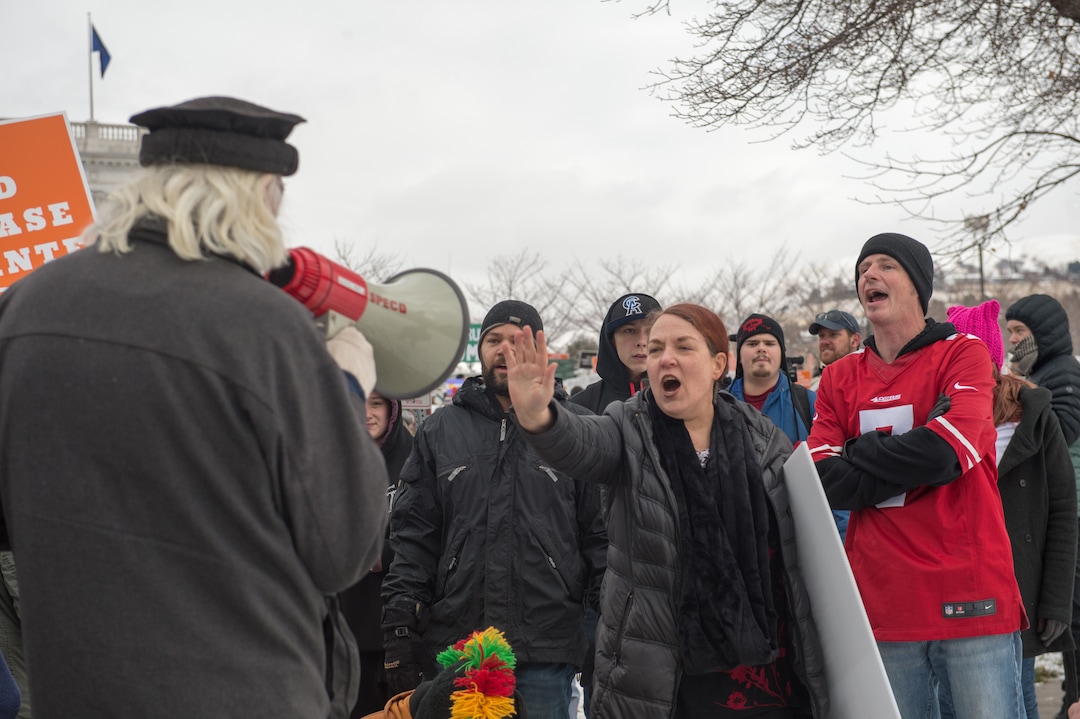 (Rachel Molenda  |  The Salt Lake Tribune)  Protesters attempt to shout down a counter protester during President Donald Trump's announcment to shrink Bears Ears and Grand Staircase Escalante national monuments at the capitol building in Salt Lake City, Utah, on Monday, December 4, 2017.