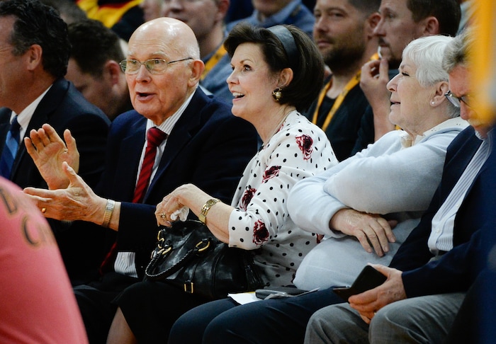 (Francisco Kjolseth  |  The Salt Lake Tribune)  Dallin H. Oaks, first counselor to the president of The Church of Jesus Christ of Latter-day Saints, and his wife June, cheer on the Utah Jazz Dunk team during a time out alongside Jazz owner Gail Miller as the Utah Jazz host the Denver Nuggets in their NBA game at Vivint Smart Home Arena Tuesday, April 9, 2019, in Salt Lake City.