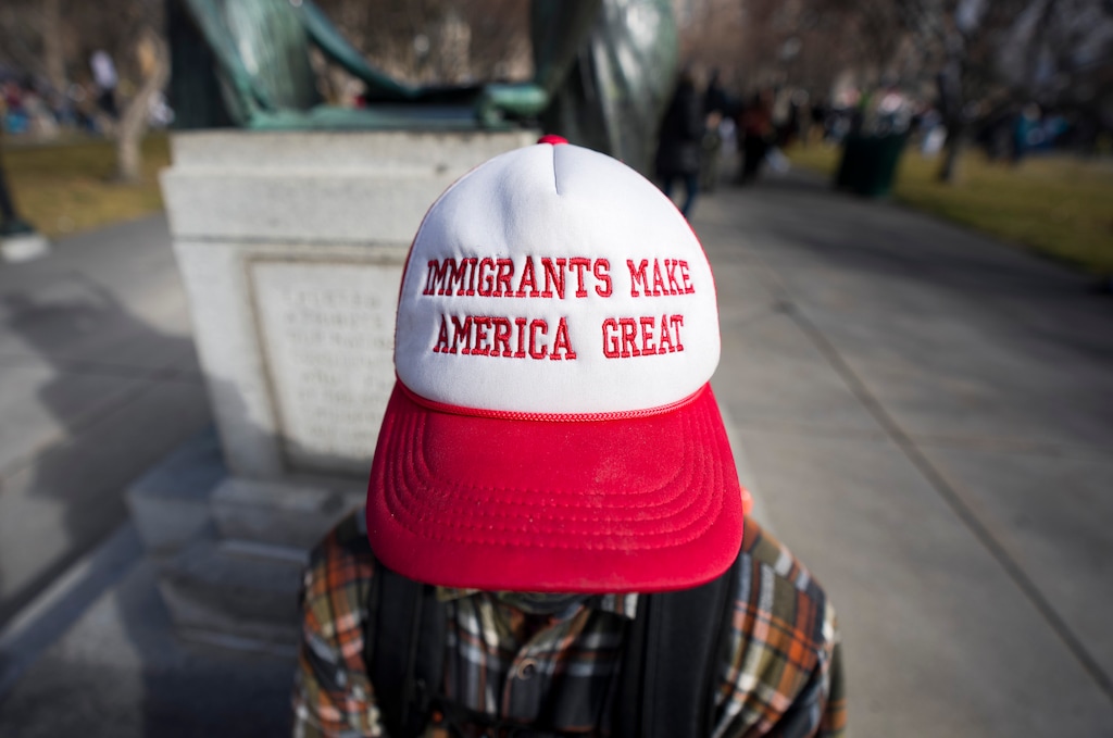 (Bethany Baker  |  The Salt Lake Tribune) A protester wears a hat that read "Immigrants Make America Great" during a demonstration against ICE and federal immigration policies in Salt Lake City on Friday, Jan. 30, 2026.