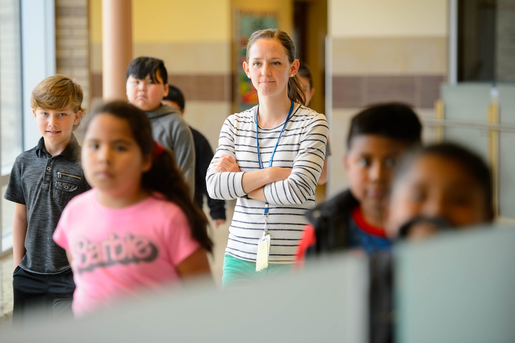 (Trent Nelson | The Salt Lake Tribune)
Canyons School District Teacher of the Year Jessica Beus walks her class to lunch at Midvale Elementary on Wednesday April 24, 2019.