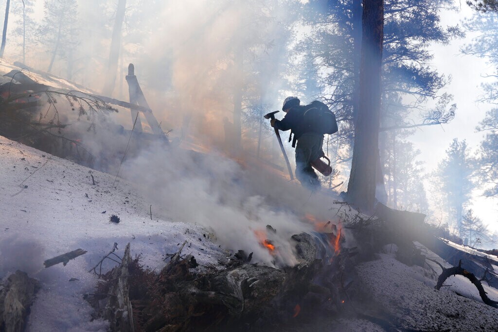 (Brittany Peterson | AP file photo) A member of the Mile High Youth Corps walks near a smoldering pile of tree debris during a controlled burn with the U.S. Forest Service in Hatch Gulch Wednesday, Feb. 23, 2022, near Deckers, Colo. U.S. Agriculture Secretary Tom Vilsack says the forest service conducted burns, tree thinning and other work to reduce wildfire risks across 5,000 square miles last year.