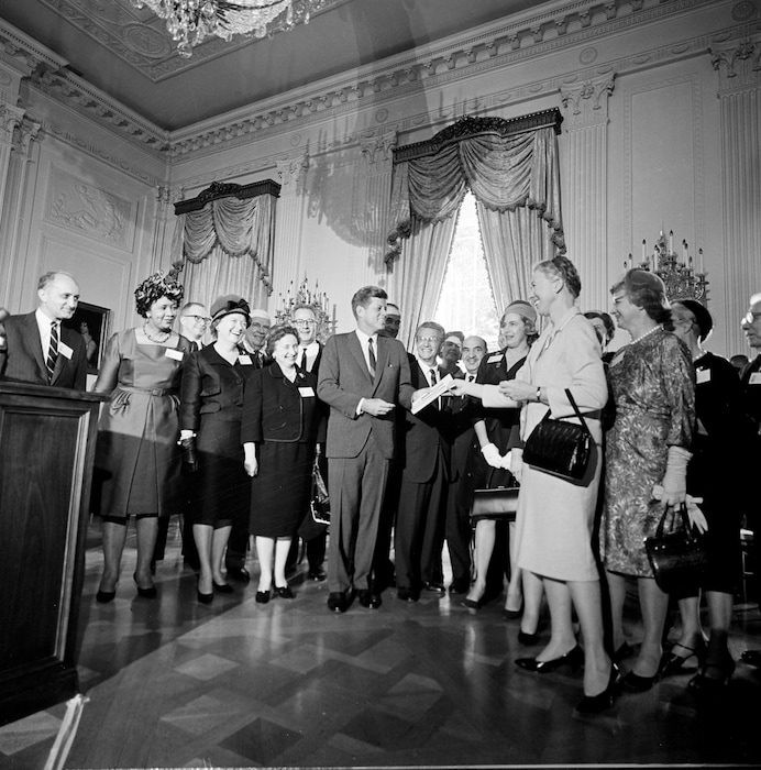 (John F. Kennedy Presidential Library and Museum) Utah native Esther Peterson, front right, hands John F. Kennedy the final report of the President’s Commission on the Status of Women on Oct. 11, 1963.