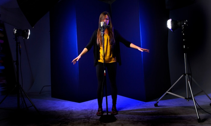 (Steve Griffin  |  The Salt Lake Tribune) BYU music student Nadia Khristean in the Salt Lake Tribune studio in Salt Lake City Wednesday August 2, 2017. Khristean performs songs and makes accompanying YouTube videos in partnership with local charities and cause-oriented organizations. She has made videos for such issues as refugee awareness, suicide prevention, homelessness, foster care and veterans affairs.  