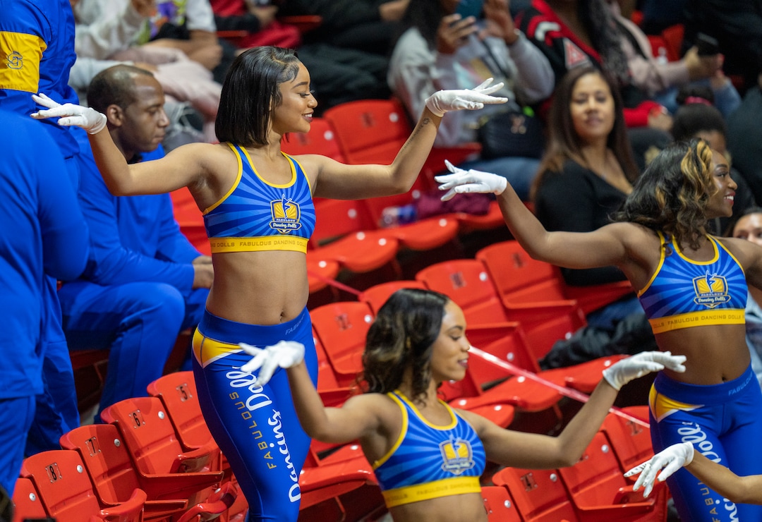 (Rick Egan | The Salt Lake Tribune)  Dancers with the Human Juke Box from Southern University perform during a break in the action in the HBCU game between and the Grambling State Tigers and the Southern University Jaguars at the Jon M. Huntsman Center on Saturday, Feb. 18, 2023.