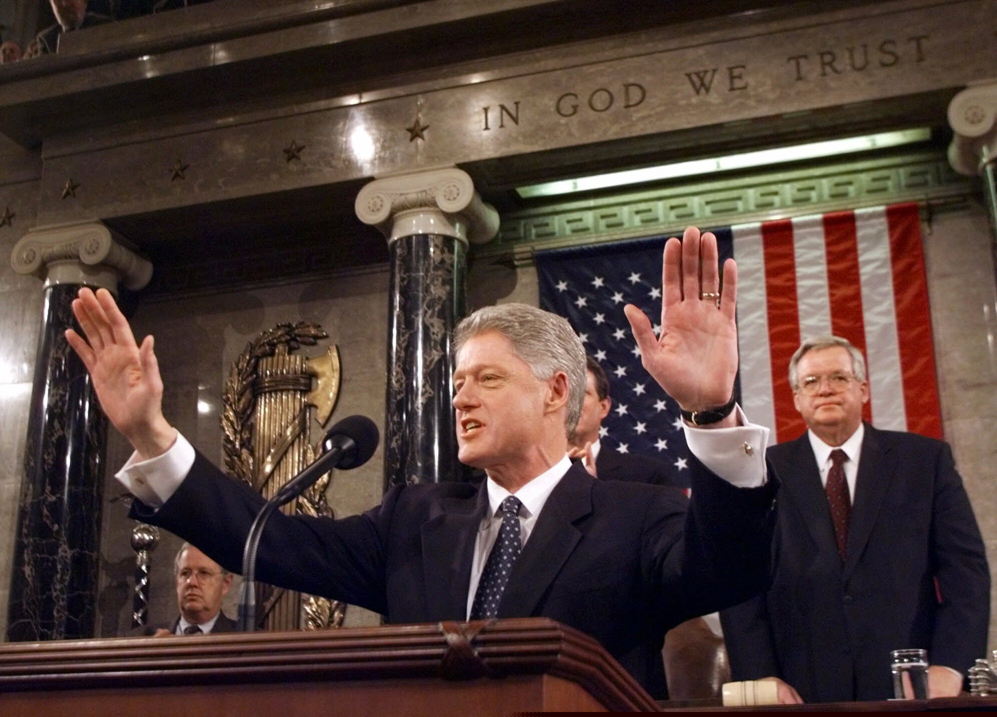 (Win McNamee | AP file photo)

In this Jan. 19, 1999, photo, President Clinton acknowledges the crowd prior to giving his State of the Union address on Capitol Hill.