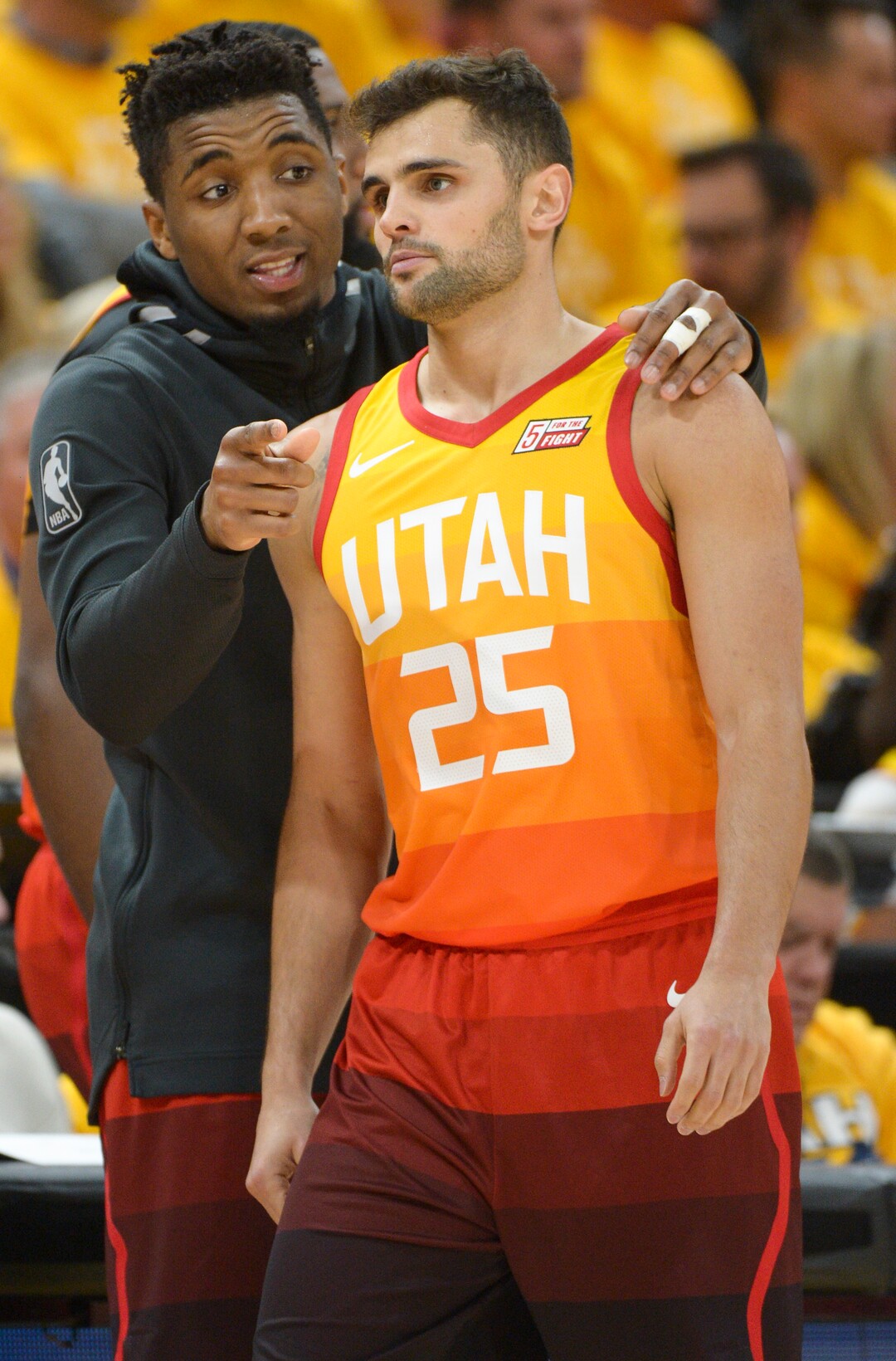 (Leah Hogsten  |  The Salt Lake Tribune) Utah Jazz guard Raul Neto (25) gets some encouragement from Utah Jazz guard Donovan Mitchell (45) as the Utah Jazz take on the Houston Rockets in Game 3 of an NBA basketball second-round playoff series Friday, May 4, 2018 in Salt Lake City.