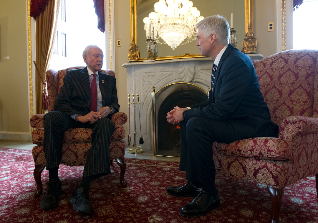 (Jose Luis Magana  |  AP Photo)  Supreme Court Justice nominee Neil Gorsuch, right, meets with Sen. Orrin Hatch, R-Utah In Hatch's office on Capitol Hill in Washington, Wednesday, Feb. 1, 2017.