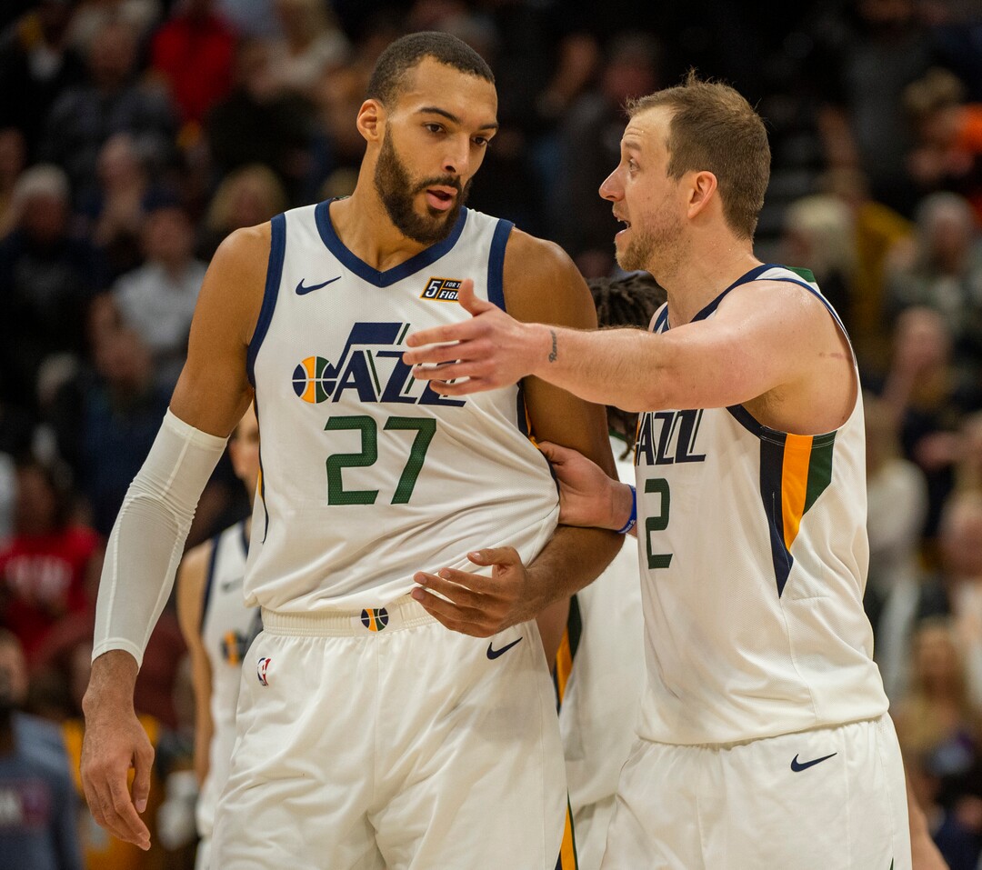 (Rick Egan  |  The Salt Lake Tribune)        Utah Jazz forward Joe Ingles (2) chats with center Rudy Gobert (27) after a break in the action, in NBA basketball action between the Utah Jazz and the Brooklyn Nets in Salt Lake City, Tuesday, Nov 12, 2019.