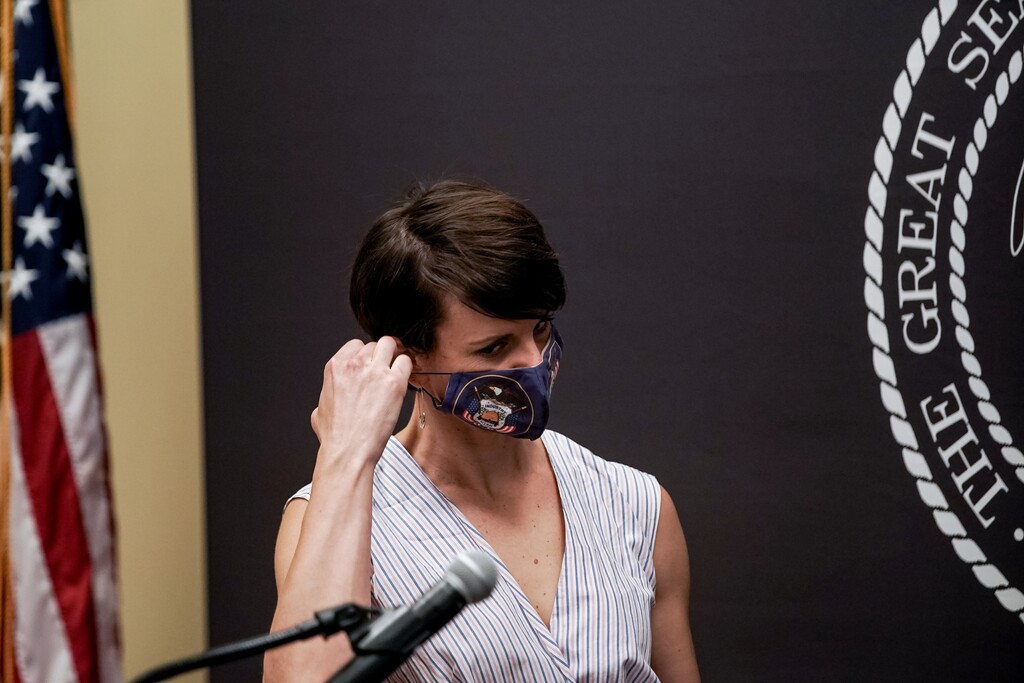 (Spenser Heaps | Deseret News, pool) State Epidemiologist Dr. Angela Dunn removes her mask before speaking at a press conference at the Capitol in Salt Lake City on Thursday, June 11, 2020.