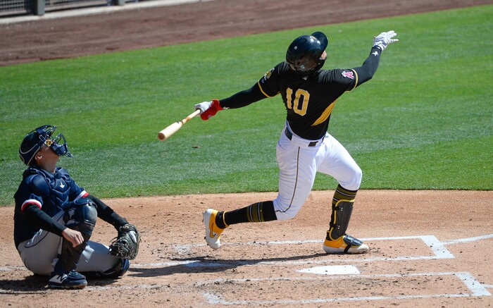 (Francisco Kjolseth  |  The Salt Lake Tribune)  Jose Briseno of the Bee's watches his hit go high as the Salt Lake Bees take on the Rainiers at Smith's Ballpark on Thursday, May 2, 2019.