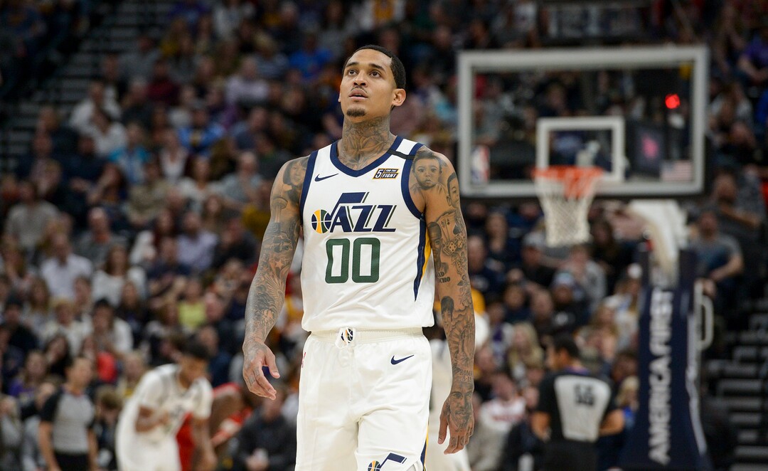 (Leah Hogsten  |  The Salt Lake Tribune)  Utah Jazz guard Jordan Clarkson (00) reacts to play in the second half. The Utah Jazz lost to the Houston Rockets 110-120 at Vivint Arena, Feb. 22, 2020.