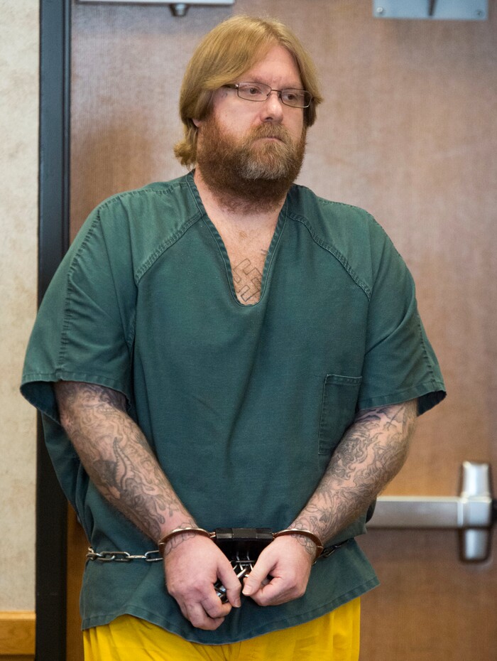 (Rick Egan  |  The Salt Lake Tribune, via AP, Pool)  Jerrod Baum appears for a hearing before Judge Christine Johnson, in the 4th District Court Thursday, April 26, 2018, in Provo, Utah. Prosecutors say 41-year-old Baum became angry after a young couple visited his live-in girlfriend. The victims, 17-year-old Brelynne "Breezy" Otteson and 18-year-old Powell, were missing for nearly three months before their bodies were found down an abandoned mine shaft.
