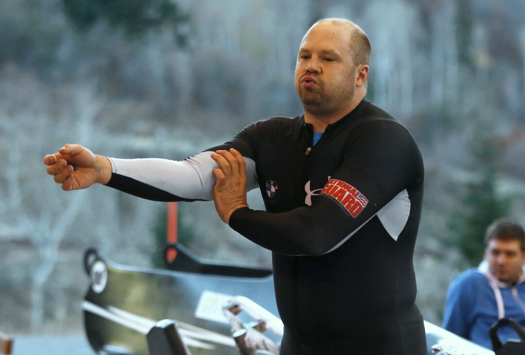 FILE - In this Oct. 20, 2015, file photo, pilot Steve Holcomb reacts after finishing his run during the United States two-man bobsled team trials in Park City, Utah. The Olympic gold medalist and Park City resident who drove the “Night Train” bobsled was found dead May 6, 2017, in his hotel room in Lake Placid, N.Y. Holcomb was 37.  .(AP Photo/Jim Urquhart, File)
