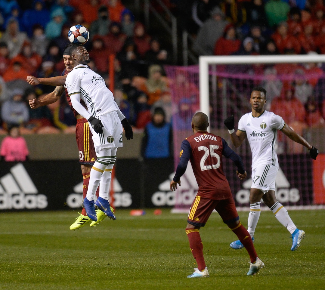 (Francisco Kjolseth  |  The Salt Lake Tribune)  Portland Timbers forward Dairon Asprilla (27) heads the header as Real Salt Lake and the Portland Timbers play in their first MLS playoff game at Rio Tinto Stadium in Sandy, Utah on Saturday, Oct. 19, 2019.