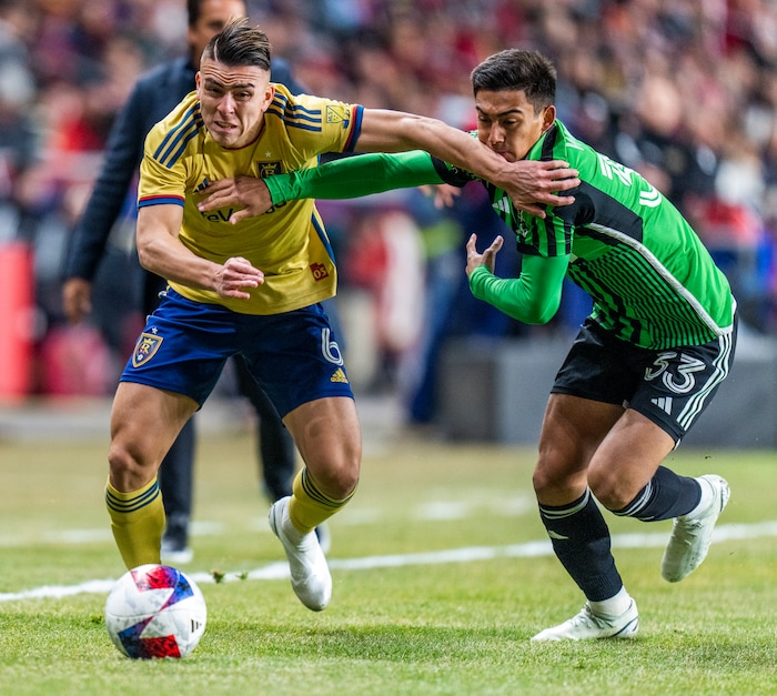 (Rick Egan | The Salt Lake Tribune) Real Salt Lake midfielder Braian Ojeda (6) goes after the ball along with Austin FC midfielder Owen Wolff (33), MLS action between Real Salt Lake and Austin FC, in Sandy, on Saturday, March 11, 2023.