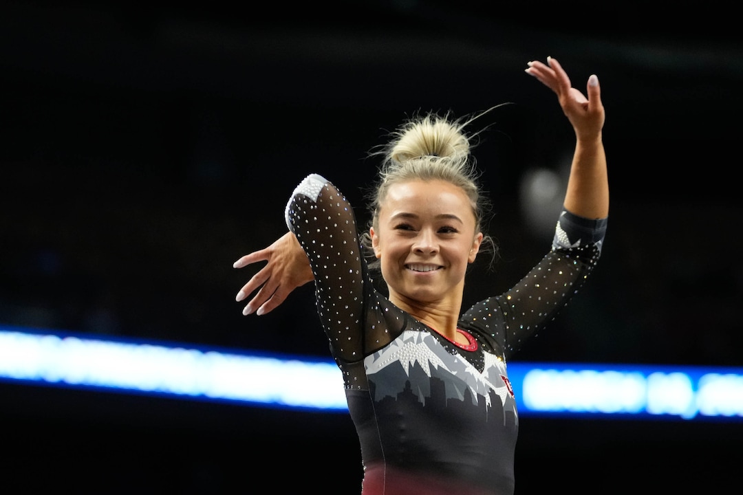 (Francisco Kjolseth | The Salt Lake Tribune) Sydney Soloski performs her floor routine at the Best of Utah NCAA Gymnastics Meet at the Maverik Center in West Valley City on Friday, Jan. 7, 2022.