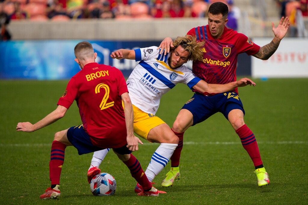 (Trent Nelson | The Salt Lake Tribune) Real Salt Lake defender Andrew Brody (2) and Real Salt Lake defender Aaron Herrera (22) defending San Jose Earthquakes forward Cade Cowell (44) as Real Salt Lake hosts San Jose Earthquakes, MLS Soccer in Sandy on Saturday, Oct. 30, 2021.