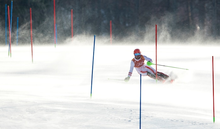 (Chris Detrick  |  The Salt Lake Tribune)   Austria's Marcel Hirscher competes in the Men's Alpine Combined at Jeongseon Alpine Centre during the Pyeongchang 2018 Winter Olympics Tuesday, February 13, 2018.  Hirscher won the event with a combined time of 2:06.52. 