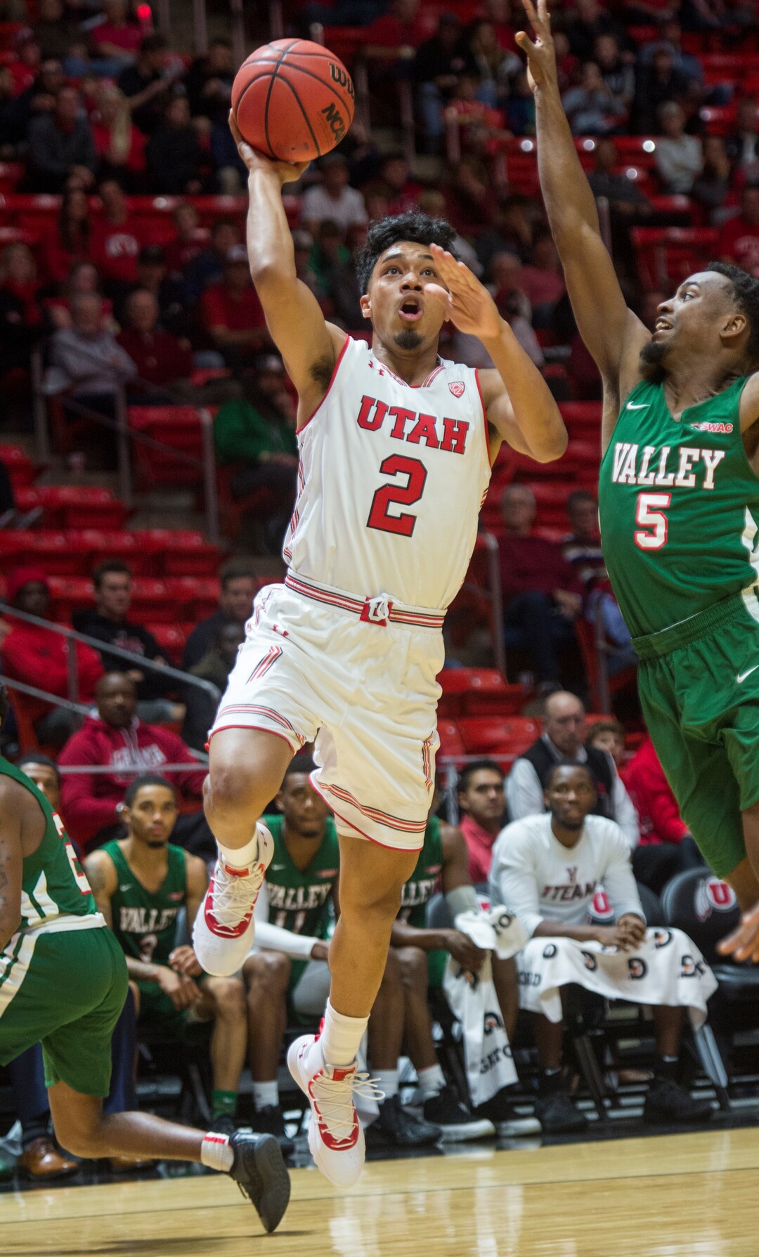 (Rick Egan  |  The Salt Lake Tribune)    Utah Utes guard Sedrick Barefield (2) takes the ball to the hoop, as Mississippi Valley State Delta Devils guard Tereke Eckwood (5) defends, in basketball action between Utah Utes and Mississippi Valley State Delta Devils at the Jon M. Huntsman Center, Thursday, Nov. 15, 2018.