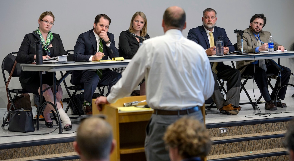 (Steve Griffin  |  The Salt Lake Tribune) A panel from the Utah Department of Agriculture and Food hosted its first rule-making hearing for growing state-owned marijuana under the new, strict medical marijuana law. The panel listened to public input during the event at the State Office Building in Salt Lake City Thursday April 19, 2018.