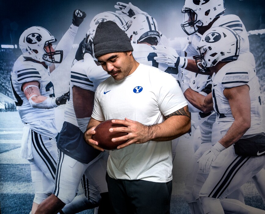 (Leah Hogsten | The Salt Lake Tribune)  "It's surreal," Houston Heimuli said of being given the chance to play for Brigham Young University, Jan. 18, 2022 in BYU's Legacy Hall. Heimuli is the son of BYU record-setting running back Lakei Heimulu who played for BYU in the early 80's.  Heimuli is walking on at BYU from Stanford University under the COVID-19 extra year of eligibility. 
