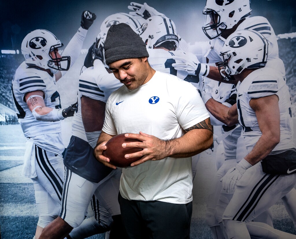 (Leah Hogsten | The Salt Lake Tribune) "It's surreal," Houston Heimuli said of being given the chance to play for Brigham Young University, Jan. 18, 2022 in BYU's Legacy Hall. Heimuli is the son of BYU record-setting running back Lakei Heimulu who played for BYU in the early 80's. Heimuli is walking on at BYU from Stanford University under the COVID-19 extra year of eligibility.