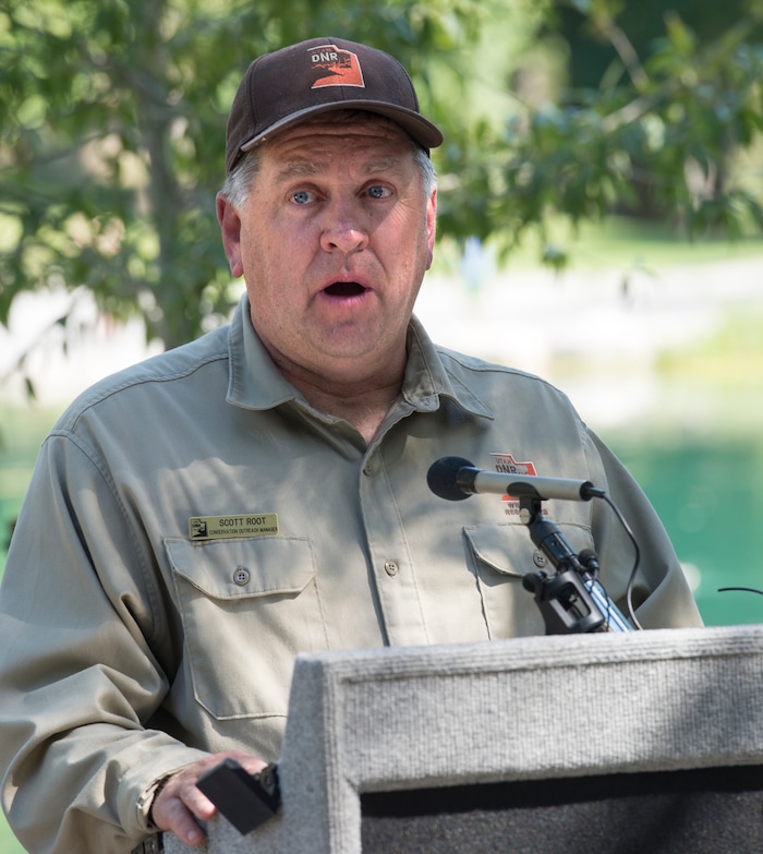 (Rick Egan  |  The Salt Lake Tribune)       Scott Root, Division of Natural Resources, speaks at the grand reopening celebration for Fairmont Park Pond, Wednesday, June 27, 2018.