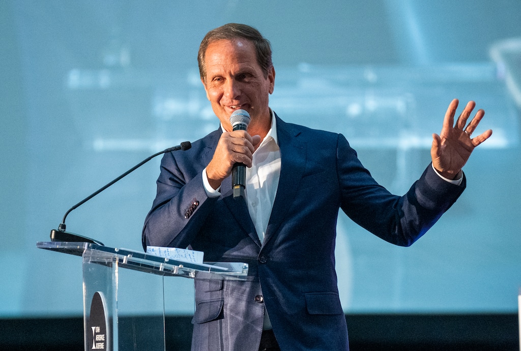 (Rick Egan | The Salt Lake Tribune) Chris Stewart says a few words at the Utah Aerospace and Industry event at the Delta Hanger at the Salt Lake International Airport, on Thursday, Oct. 12, 2023.