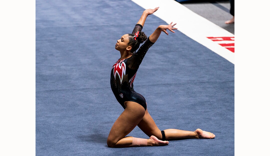 (Rick Egan | The Salt Lake Tribune)   Jaedyn Rucker competes on the floor, in PAC-12 gymnastics action between The University of Washington and The University of Utah at Jon M. Huntsman Center in Salt Lake City, on Saturday, Jan. 30, 2021.