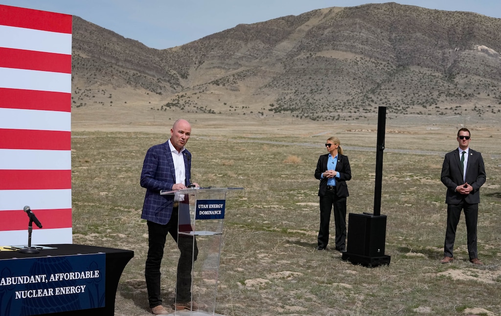 (Francisco Kjolseth | The Salt Lake Tribune) Gov. Spencer Cox gather in north-central Tooele County for a news event with state and local leaders to announce plans related to Utah’s ongoing work to develop long-term strategic opportunities in nuclear energy, on Friday, March 27, 2026.