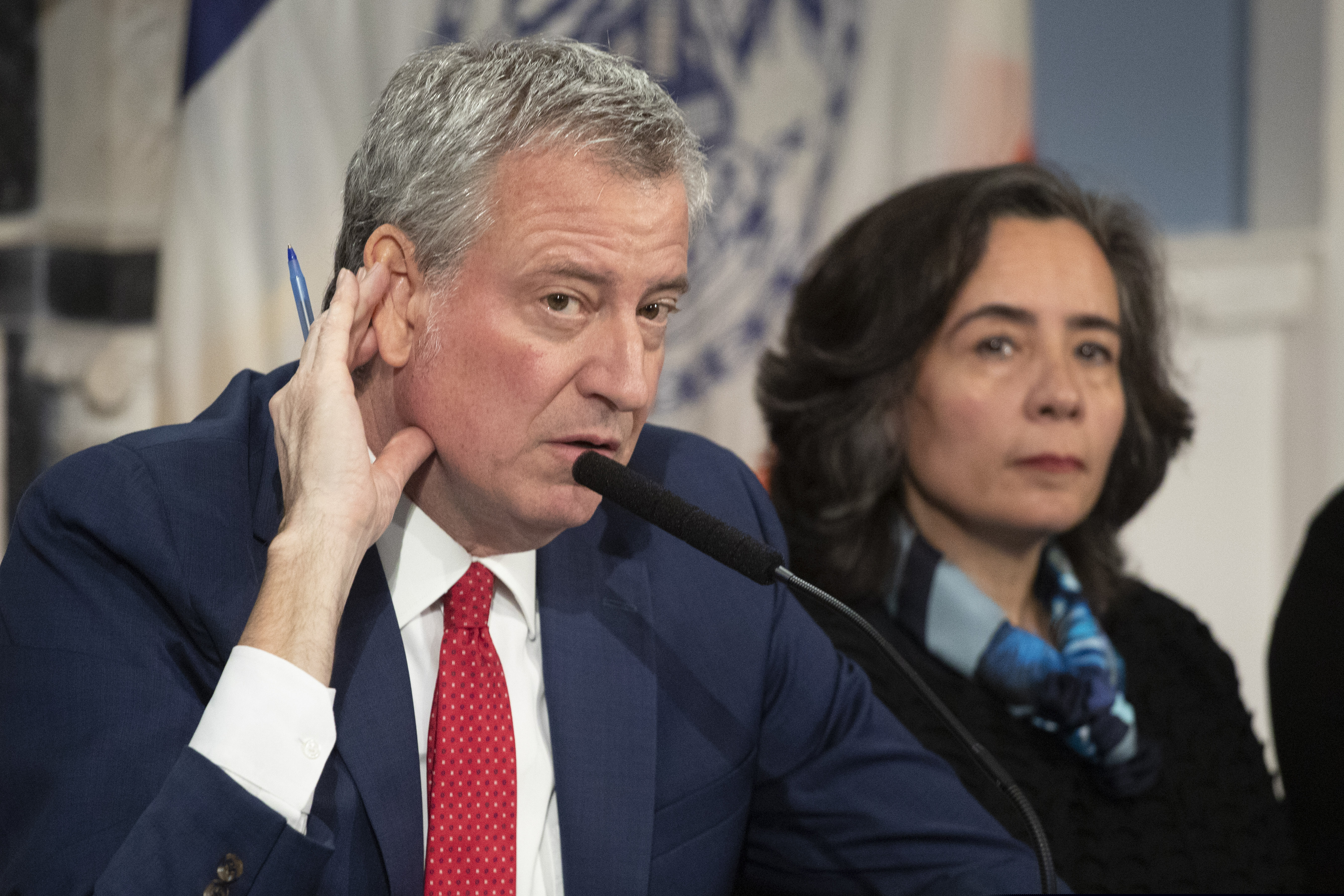 (Mark Lennihan | AP photo)

In this Feb. 26, 2020, photo, Mayor Bill de Blasio, left, with Dr. Oxiris Barbot, commissioner of the New York City Department of Health and Mental Hygiene, listens to a reporter's question in New York.