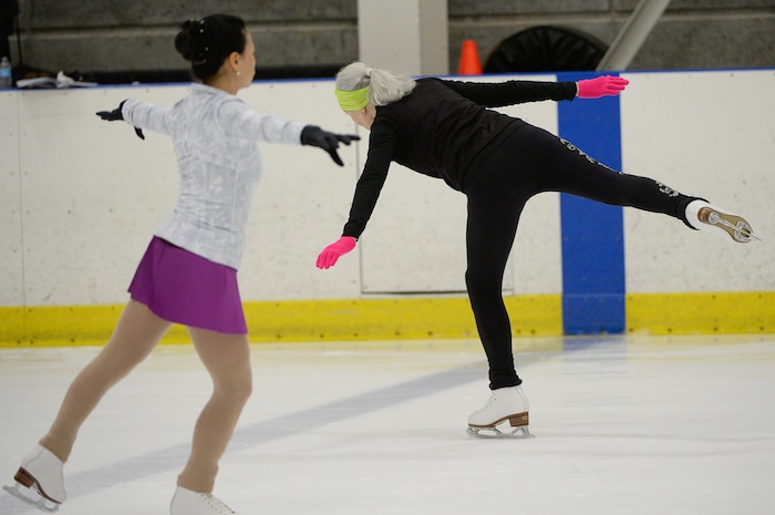 (Francisco Kjolseth  |  The Salt Lake Tribune)  Marci Richards, 73, of Milwaukee, Wisconsin takes to the ice for a practice session as she gets ready to compete in the 2019 U.S. Adult Figure Skating Championships, now in its 25th year, being held at the SLC Sports Complex. Richards who started skating to recover following a skiing accident has competed in 18 Adult Nationals and loves to skate. Over 600 skaters between 21 and 80 will compete April 3-6.