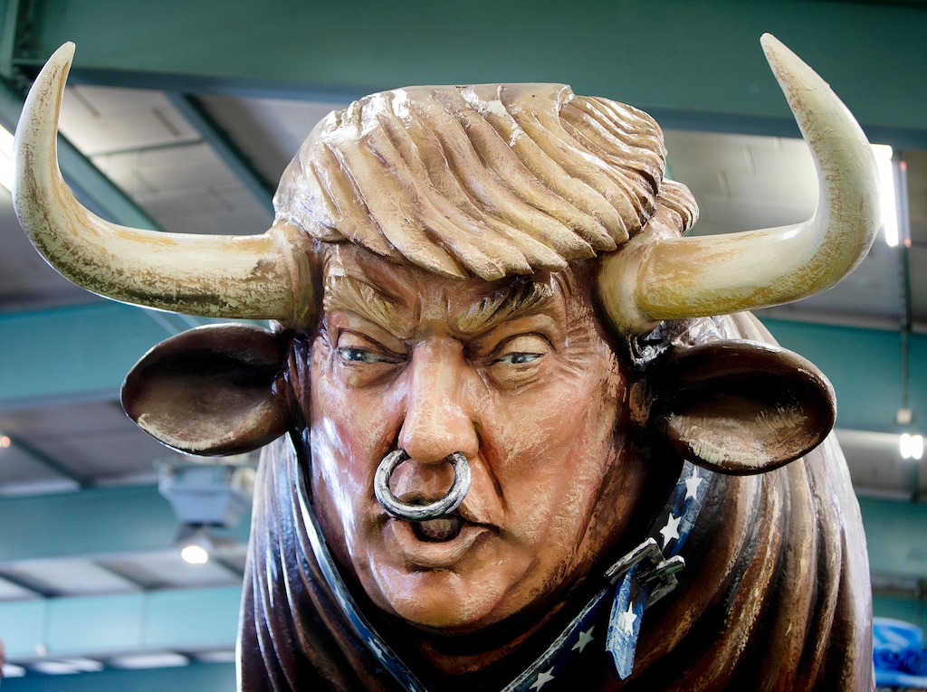 A figure depicting US President Donald Trump are displayed during a press preview in a hall of the Mainz carnival club in Mainz, Germany,Tuesday, Feb. 26, 2019. Carnival groups and clubs in Germany are putting their final touches on their elaborate floats with outrageous caricatures depicting political themes for this year’s parades during Carnival celebrations. (AP Photo/Michael Probst)