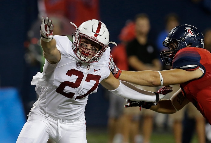 Stanford linebacker Sean Barton (27) during the second half of an NCAA college football game against Arizona, Saturday, Oct. 29, 2016, in Tucson, Ariz. Stanford defeated Arizona 34-10. (AP Photo/Rick Scuteri)