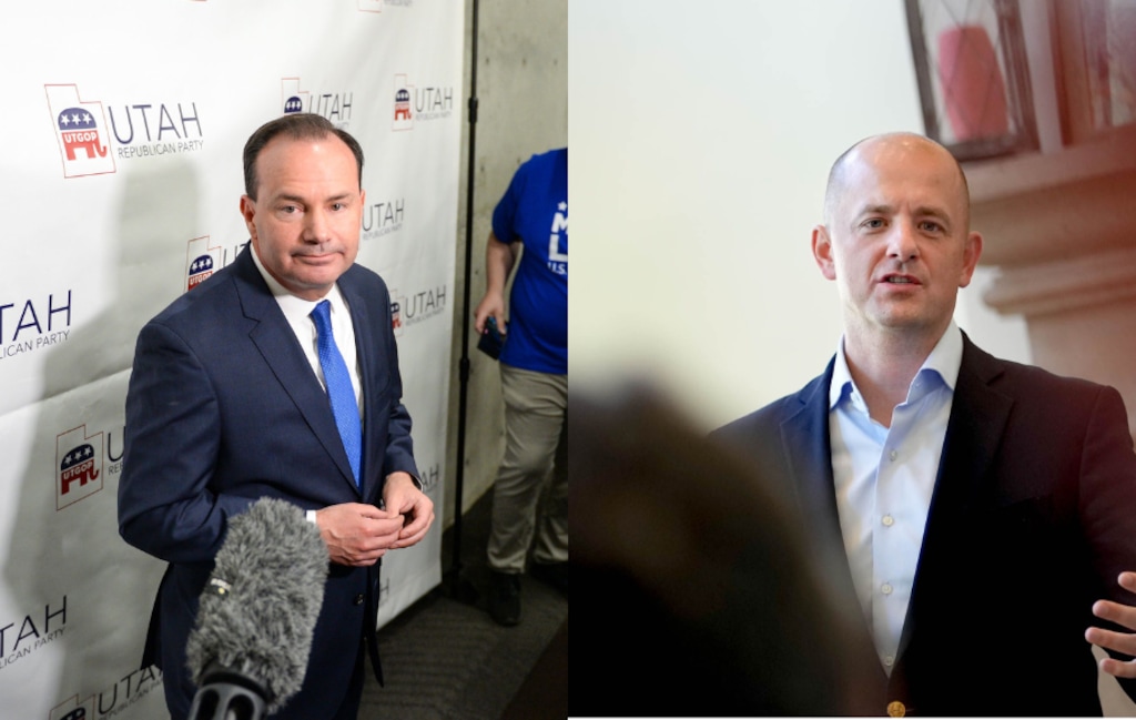 (The Salt Lake Tribune) Republican Sen. Mike Lee, left, and independent Evan McMullin, candidates for U.S. Senate in Utah.