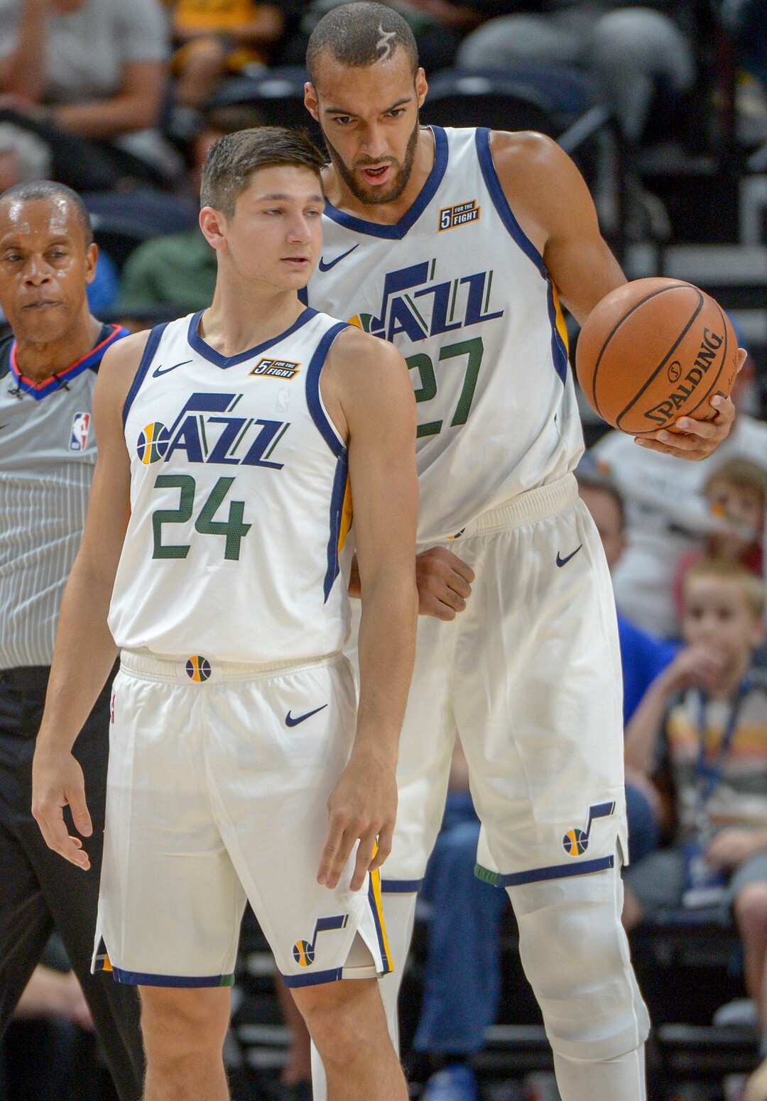 Leah Hogsten  |  The Salt Lake Tribune   Utah Jazz center Rudy Gobert (27) confers with Utah Jazz guard Grayson Allen (24) in the first half as the Utah Jazz host the Perth Wildcats during their preseason game, Sept. 29, 2018 at Vivint Smart Home Arena.