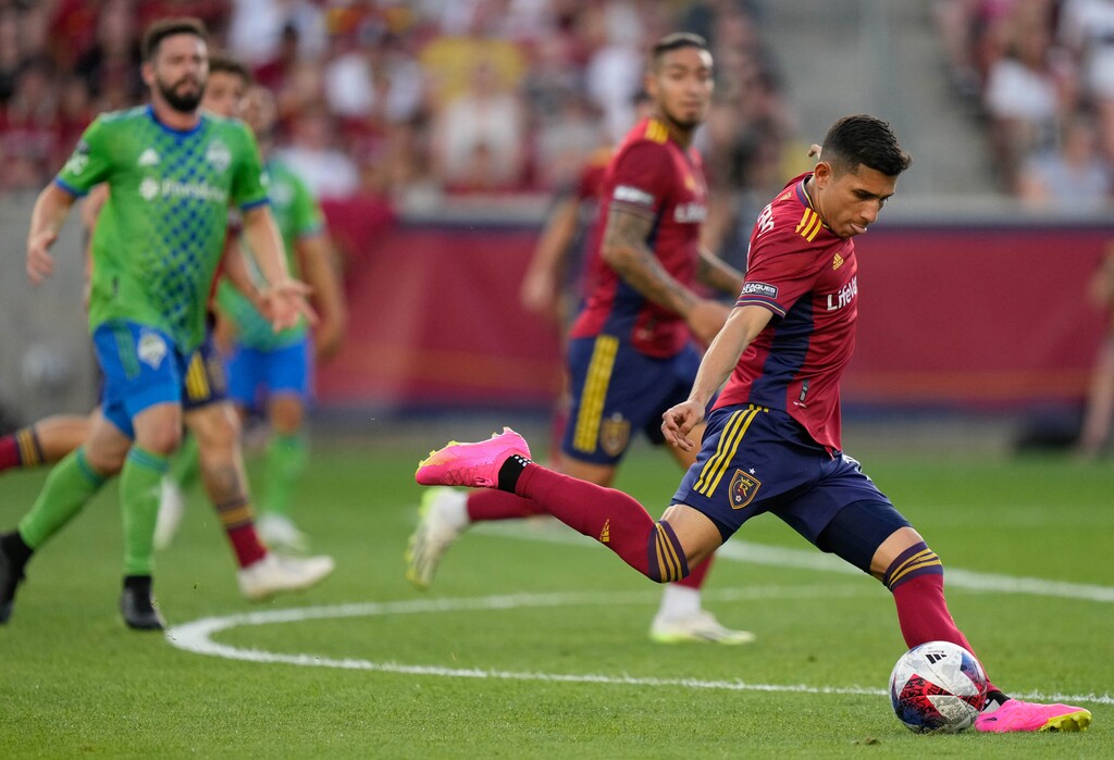 (Francisco Kjolseth | The Salt Lake Tribune) Real Salt Lake forward Jefferson Savarino (10) during the first half of a Leagues Cup soccer matchup against the Seattle Sounders Saturday, July 22, 2023, in Sandy, Utah. RSL's weekend match in Los Angeles has been rescheduled due to safety concerns with Hurricane Hilary approaching the California coast.