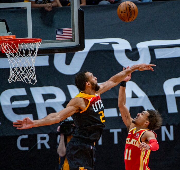 (Rick Egan | The Salt Lake Tribune) Utah Jazz center Rudy Gobert (27) blocks a shot by Atlanta Hawks guard Trae Young (11), in NBA action between the Utah Jazz and the Atlanta Hawks at Vivint Arena, on Friday, Jan. 15, 2021.,
