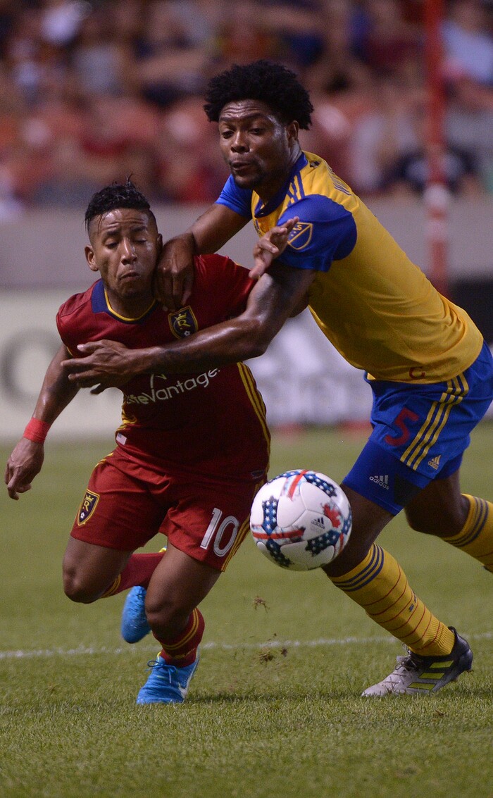 (Leah Hogsten  |  The Salt Lake Tribune) Real Salt Lake forward Joao Plata (10) battles Colorado Rapids defender Mekeil Williams (5).   Real Salt Lake are 2-0 against the Colorado Rapids for the Rocky Mountain Cup at Rio Tinto Stadium, Saturday, August 26, 2017. 