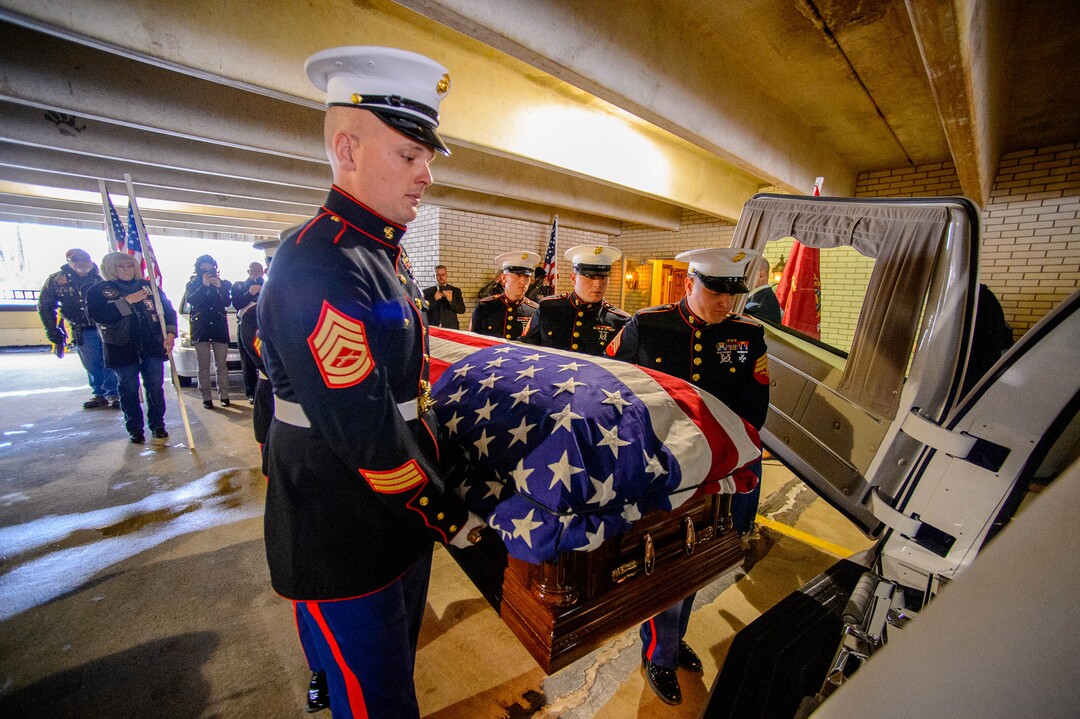 (Trent Nelson  |  The Salt Lake Tribune)
Marines carry the remains of Marine Pfc. Robert J. Hatch on Saturday, Dec. 14, 2019. Hatch was killed in action Nov. 22, 1943 on the island of Betio.