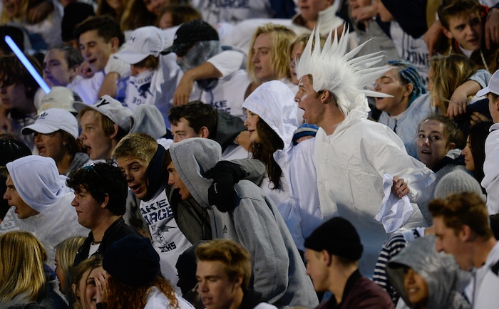 (Francisco Kjolseth  |  The Salt Lake Tribune)  Corner Canyon fans cheer on their team against Timpview on Thursday, Sept. 21, 2017.