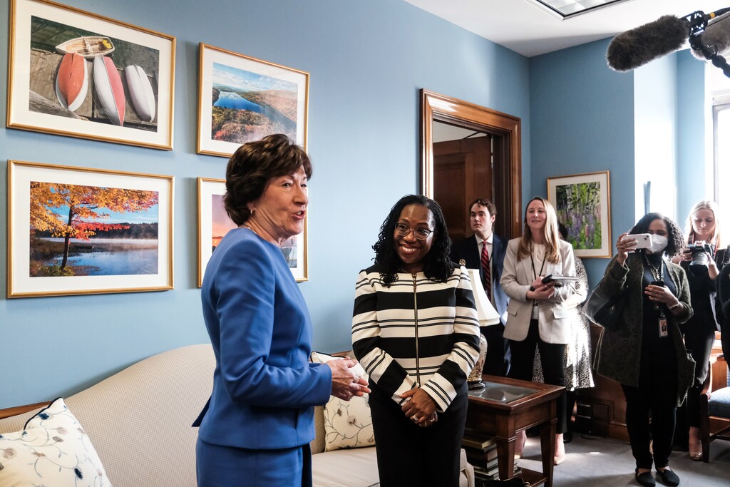 (Michael A. McCoy | The New York Times)
Sen. Susan Collins (R-Maine), left, meets with Judge Ketanji Brown Jackson, President Joe Biden's nominee to the Supreme Court nominee, on Capitol Hill in Washington on March 8, 2022. Collins plans to vote to confirm Jackson to the Supreme Court, ensuring that the first Black woman to be put forward for the post will receive at least one Republican backer.