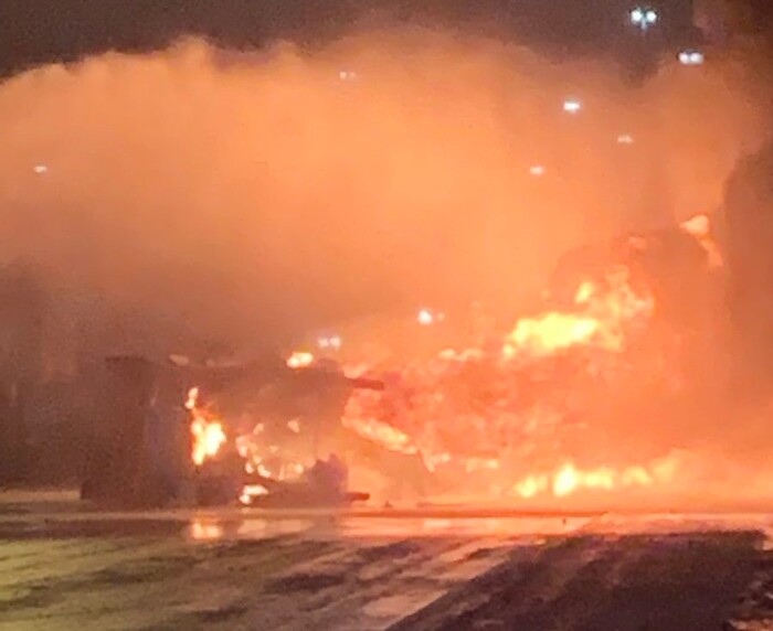 (Photo courtesy Salt Lake City Fire Department) A diesel tanker burst into flames after an accident early Friday morning, shutting down southbound I-15.