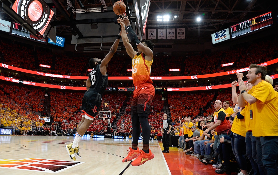 (Francisco Kjolseth  |  The Salt Lake Tribune)  Houston Rockets guard James Harden (13) tries to block a three pointer by Utah Jazz guard Donovan Mitchell (45) in Game 3 of a first-round NBA basketball playoff series in Salt Lake City, Saturday, April 20, 2019.