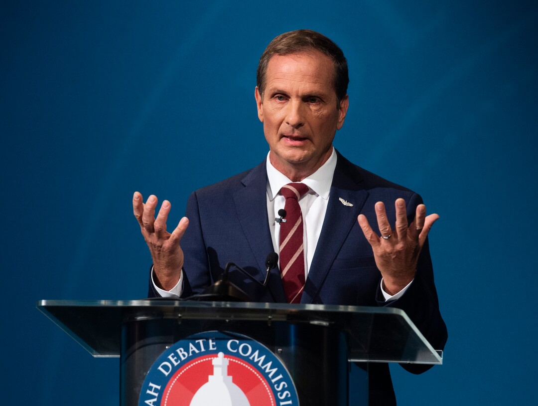 (Rick Egan  |  The Salt Lake Tribune)   Chris Stewart (R) speaks during the 2nd Congressional District debate between J. Robert Latham (L), Chris Stewart (R) and Kael Weston (D), at KSL Studio in Salt Lake City, on Monday, October 19, 2020