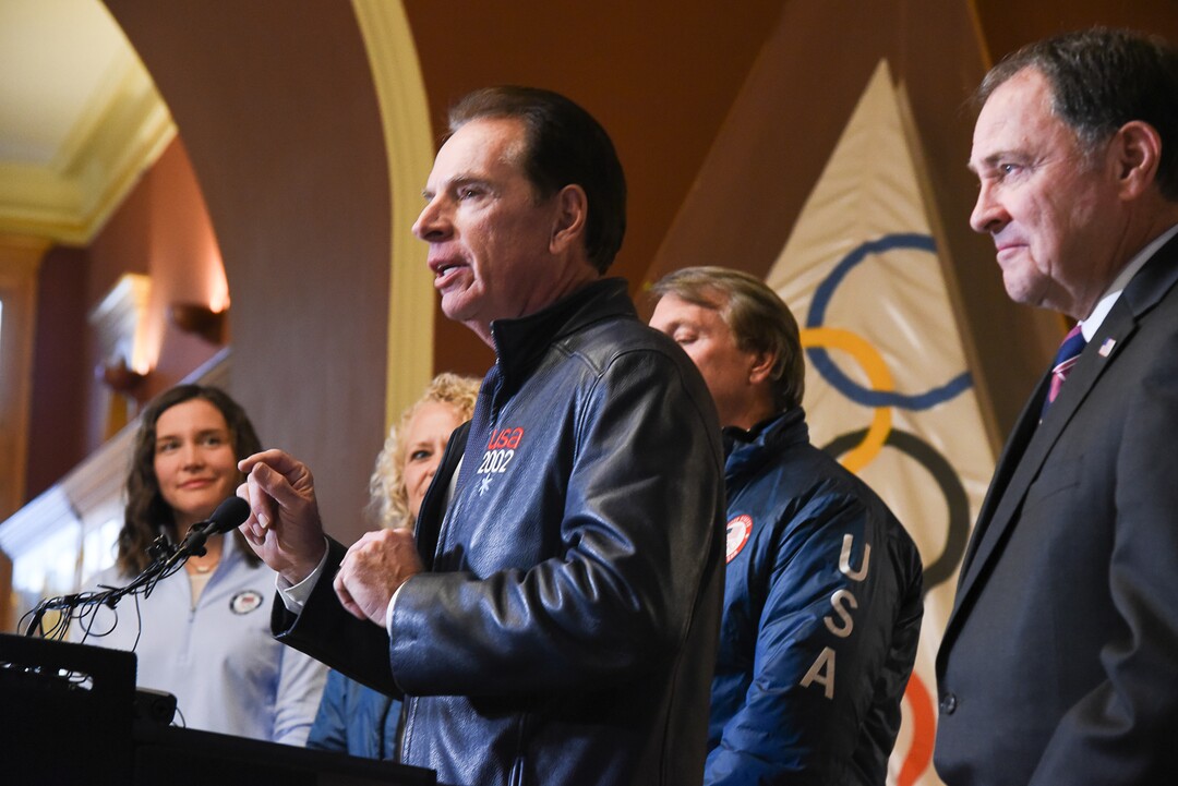 (Francisco Kjolseth  |  The Salt Lake Tribune)  Former Salt Lake Organizing Committee chief operating officer Fraser Bullock discusses the news that U.S. Olympics Committee chose Salt Lake City over Denver to bid for a future Winter Olympics, possibly 2030, as they gather at City Hall on Friday, Dec. 14, 2018 following the decision.
