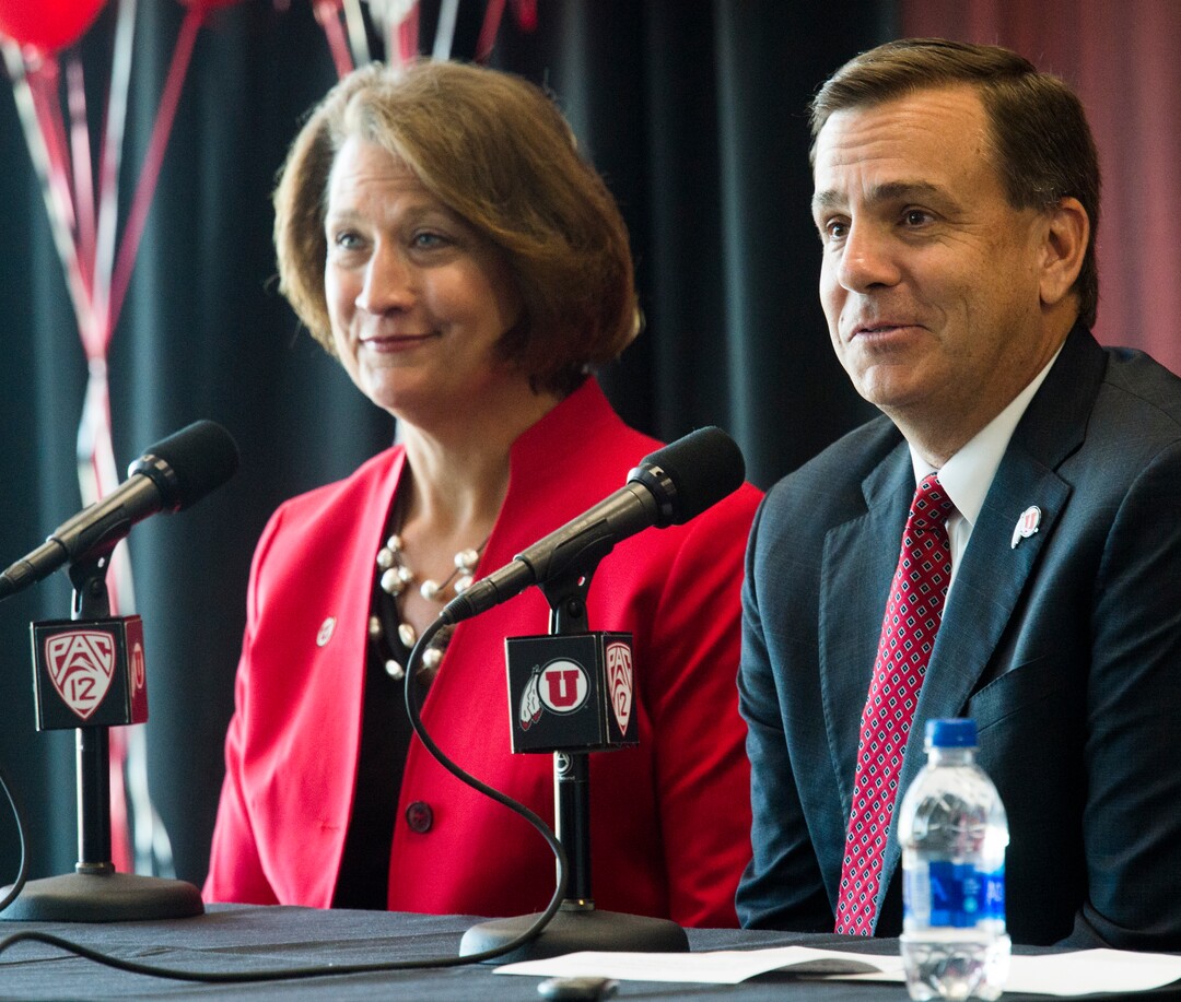 (Rick Egan  |  The Salt Lake Tribune)   University of Utah President Ruth V. Watkins introduces Mark Harlan as the new athletic director, during a news conference at the Rice-Eccles Stadium,  Monday, June 4, 2018.