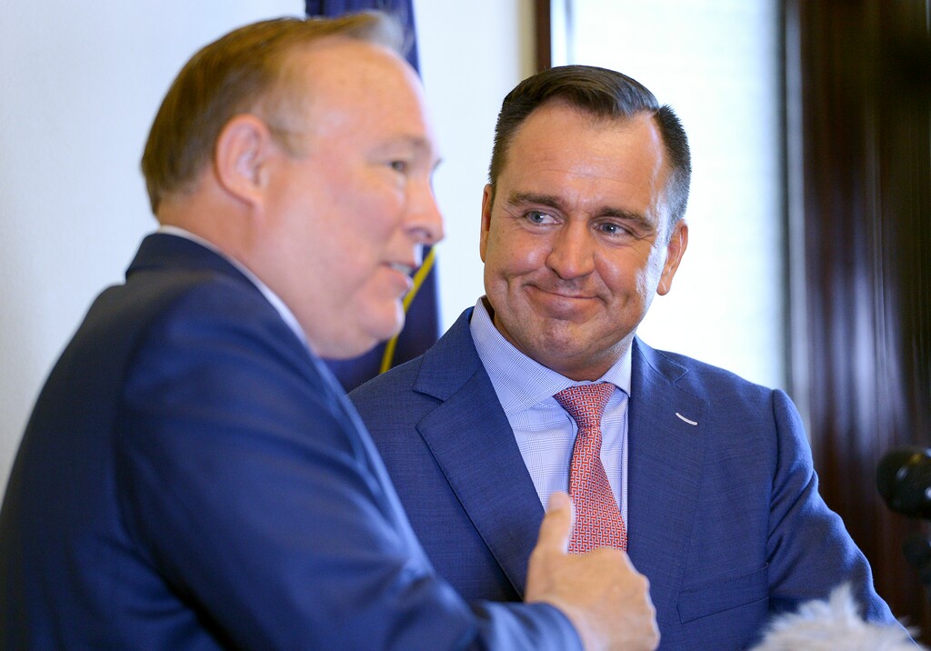 Leah Hogsten | The Salt Lake Tribune l-r Sen. Jim Dabakis, D-Salt Lake City, and House Speaker Greg Hughes held a news conference Tuesday, June 5, 2018 to detail a Òcompromise frameworkÓ for the new inland port authority. In March, Lawmakers approved SB234, to create an international port on thousands of acres in the northwest portion of Salt Lake City.ÊIn addition to building the shipping port on about a quarter of city land, the bill also made the portÕs board the final appeal panel for disputes over land use decisions, and it allows the port to take over all tax-and-spend power in that area.